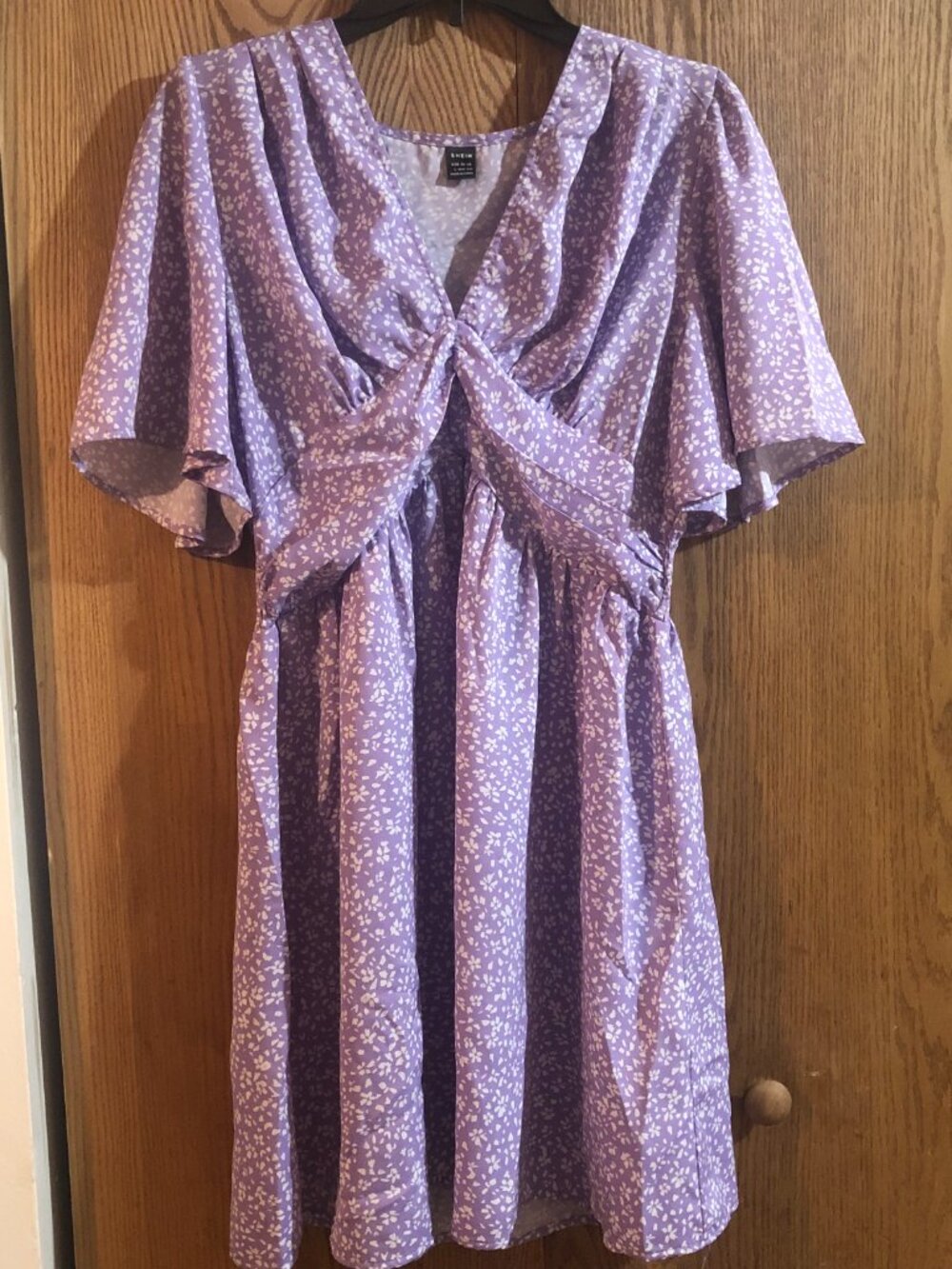 SHEIN Women's Large Lavender Floral Wrap Dress Twist Knot Front Flutter Sleeve